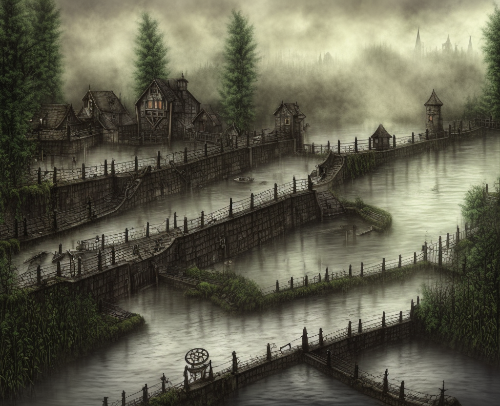dark medieval, river lock with sluice, wide rapid river, different water levels, Warhammer fantasy, one building, summer, trees, fishing, nets, misty, overcast, Dark, creepy, grim-dark, gritty, Yuri Hill, hyperdetailed, realistic, illustration, high definition, 4K, oil on canvas