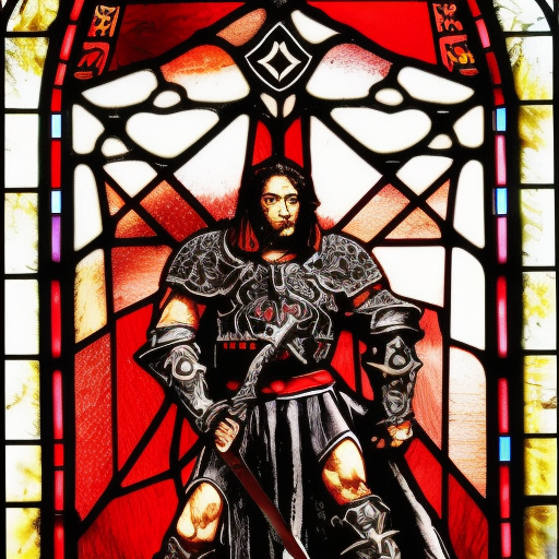 a young aggressive evil satanic gladiator with a big demonic sword, hellfire on a background, stained glass, Warhammer fantasy, black and red, grim-dark, detailed