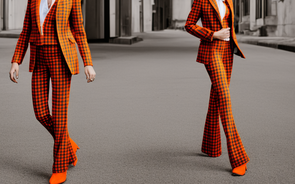 very realistic full body fashion model from head to toe dressed in orange plaid suit with flares and a large collar shaped to her body
