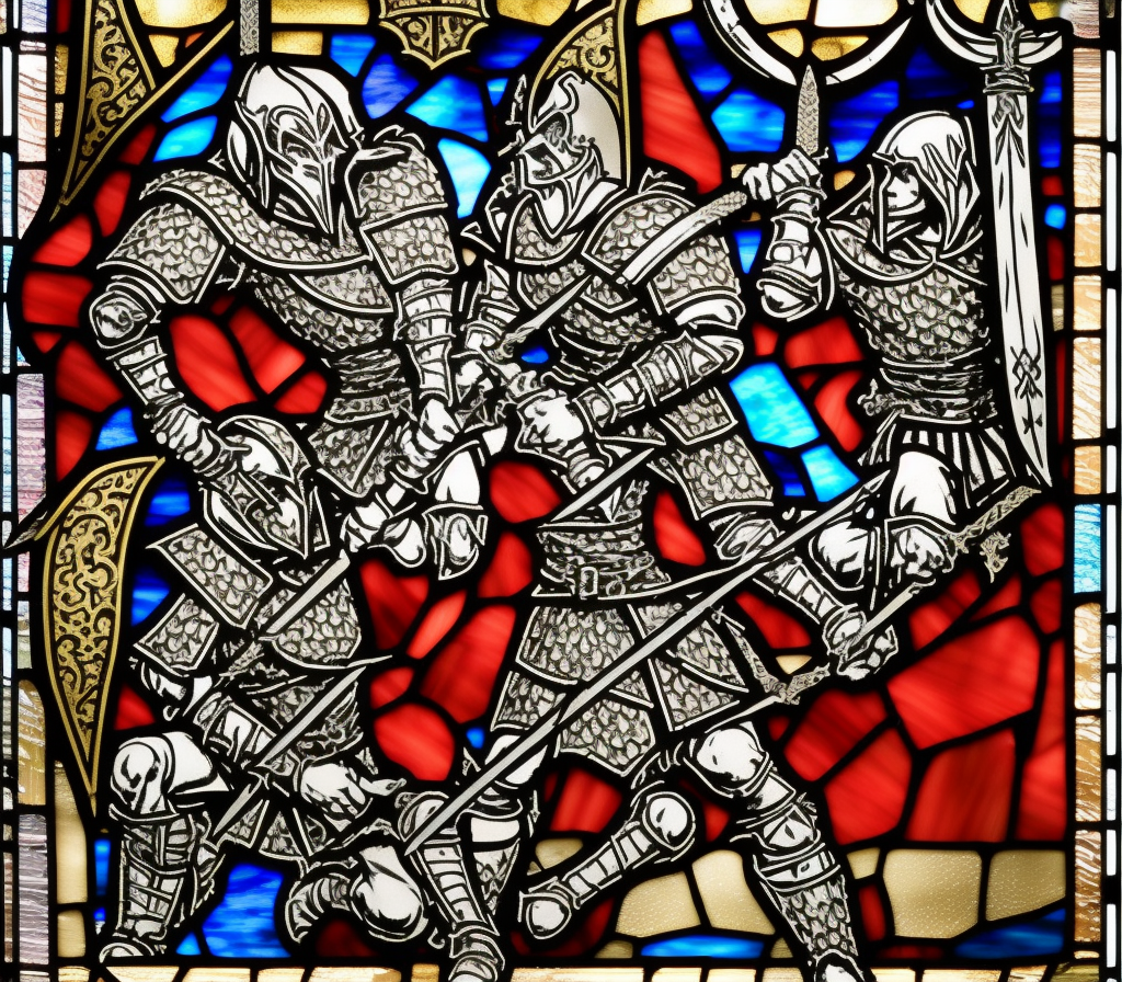 dark medieval, duel between evil and good gladiator, Warhammer fantasy, intricate stained glass, black and red, gold and blue, grim-dark, gritty
