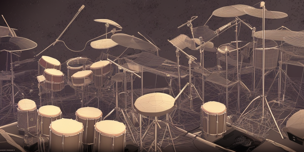 a 3d rendering of Exploding drummers and cosmic keyboardists