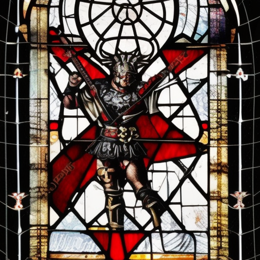 a young aggressive evil satanic triumphant gladiator with a big demonic sword, Warhammer fantasy, stained glass, black and red, grim-dark, detailed