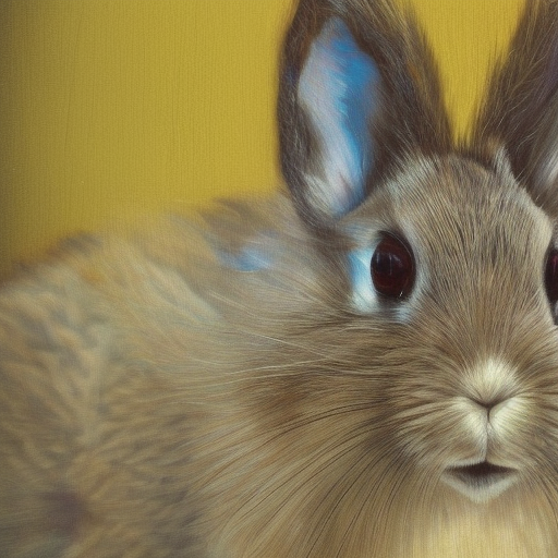cute and fluffy rabbit with big ears from brush strokes of yellow and blue paint, detailed, looks at the camera,