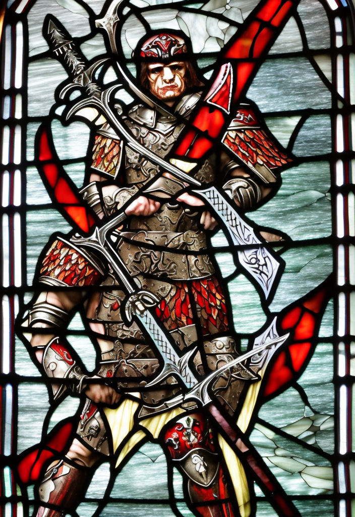 stained glass, a young aggressive evil demonic gladiator with a big demonic sword, hellfire on a background, Warhammer fantasy, black and red, grim-dark, detailed