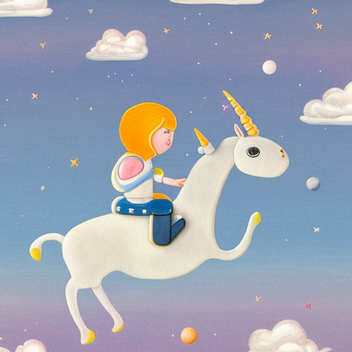 the little astronaut riding a unicorn, seen from the side, escher world, supercute, vast landscape, white background, pastel colours, watercolour, lots of surrounding space, wide angle 18 mm lens,