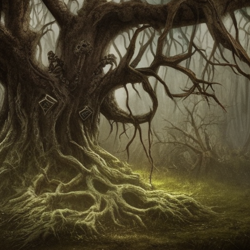 dark medieval, gnarled tree with offerings hanging from branches, bare roots, hole in the ground, Warhammer fantasy, summer, trees, misty, overcast, Dark, creepy, grim-dark, gritty, Yuri Hill, hyperdetailed, realistic, illustration, high definition, 4K, oil on canvas
