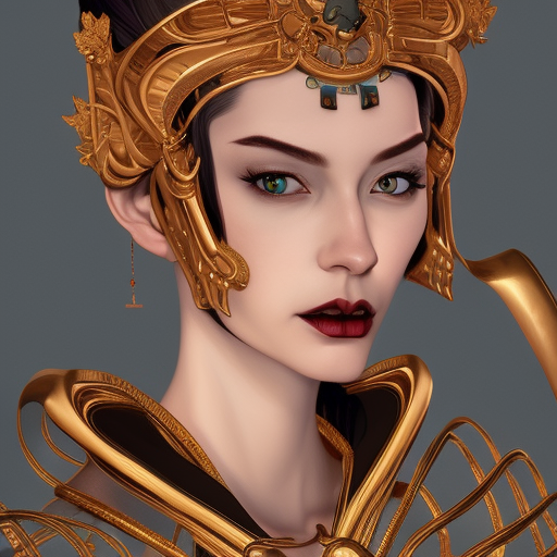 Full body of @evea_helling_ , highly detailed and rendered gold jewelry, digital art, intricate, sharp focus, trending on Artstation, HQ, Unreal Engine 5, 4K UHD image, by Brom, Artgerm, face by Otto Schmidt Ukiyo-e Japanese woodblock 