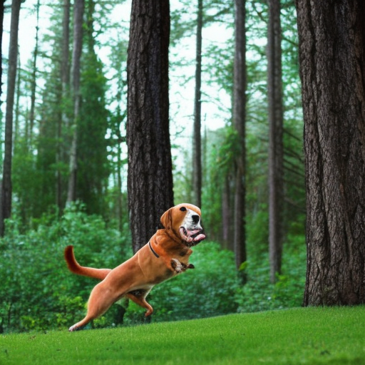 dog jumping in forest