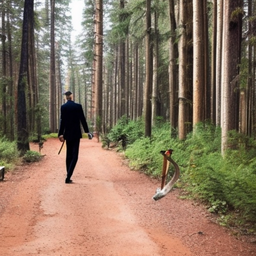 A tall thin handsome man dressed like the HGamelin flute player is holding a flute in his mouth and walking rapidly over a tiny paved path in the middle of a very old forest