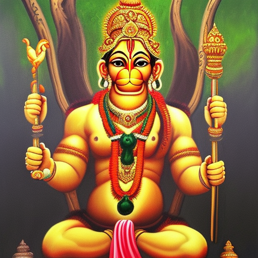 I want to make a oil painting which shows lord hanuman in a forest ambuance with a bright aura sun behind his head. holding a mountain on one hand and his weapon on other hand. Masculine build raiding dominance with a calm face and golden jewellry.