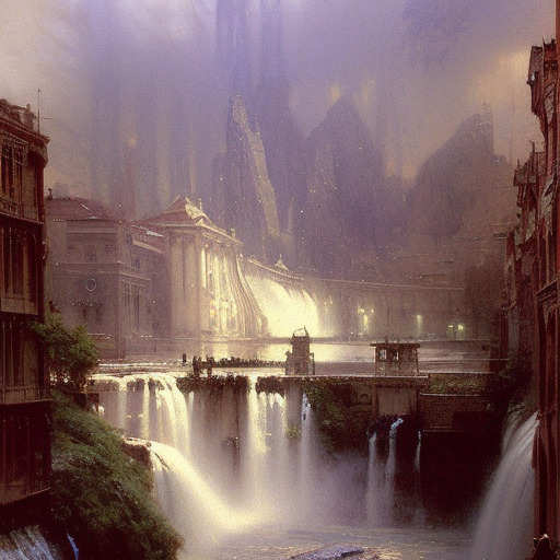 waterfall flooding an entire city. victorian age. highly detailed painting by gaston bussiere, craig mullins, j. c. leyendecker