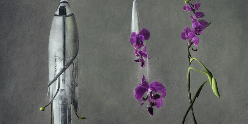 a H.R. Giger of a rocket flies through an orchid