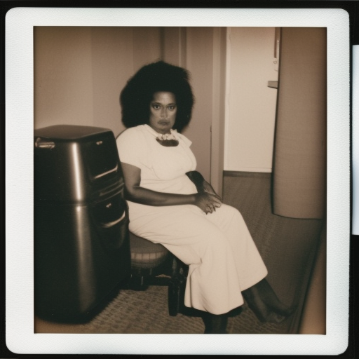 A polaroid photo of an African American woman sitting on a bed in a motel room with a suitcase full of money behind her 