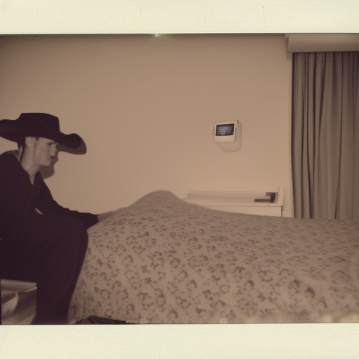 Polaroid photo, cowboy watching TV in run down motel room with dirty bed