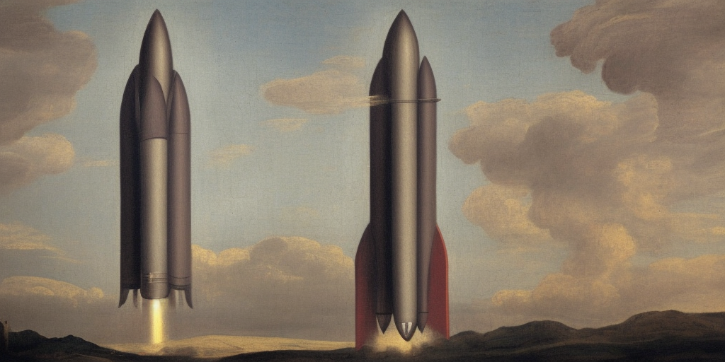 a classicism painting of A rocket turns into a phallus