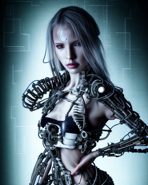 portrait photo of an aesthetic biomechanical cyborg plugged into a quantum computer with cables and wires and optic fibers. cyberpunk horror style. art by luis royo. highly detailed 8 k. intricate. nikon d 8 5 0 5 5 mm. award winning photography.