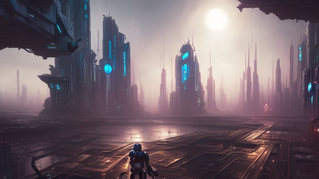 the mandalorian view on futuristic creepy cyberpunk city in the horizon, illustration by tyler edlin, detailed, sharp, masterpiece, highly detailed, photorealistic, octane render, 8 k, unreal engine 5