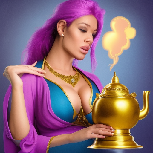 Realistic, high-quality, detailed, 8k, photorealistic, ultrarealistc, massive breasted, Female genie with extremely revealing genie outfit holding her itty-bitty golden magic teapot that has purple smoke leading directly out of the spout to her hips, stuning fantasy photograph, render of a female genie, beautiful photo of a fairytale, blue djinn, fantasy photography, beautiful genie girl, jinn