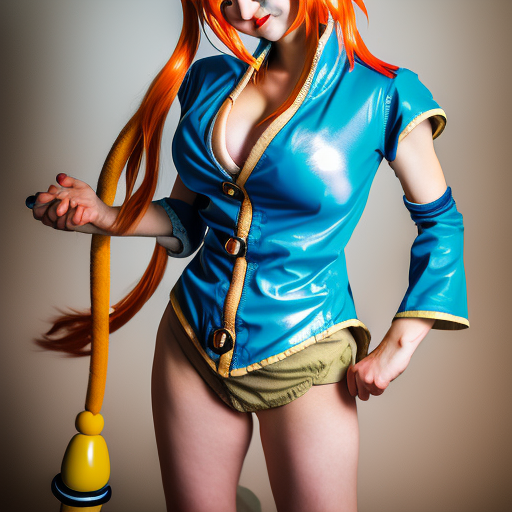 A full portrait photo of real-life nami one piece, f/22, 35mm, 2700K, lighting.