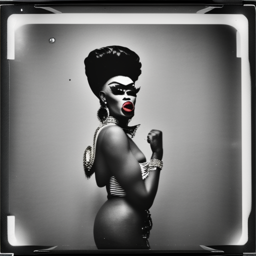 Over the shoulder shot, vintage Polaroid photograph of an African drag queen standing in room, staring into a broken mirror in a cheap apartment by Andy Warhol. Light leaks. Published in Paris Review.  Photorealistic