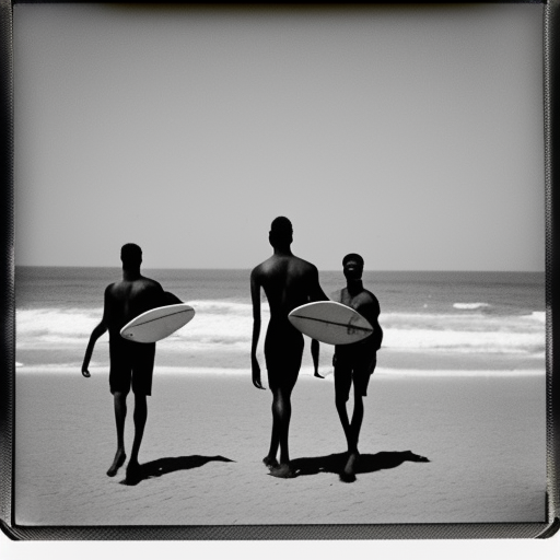 vintage Polaroid photograph of three African men carrying surfboards and walking on beach in Liberia by Andy Warhol. Photorealistic. Film grain. 