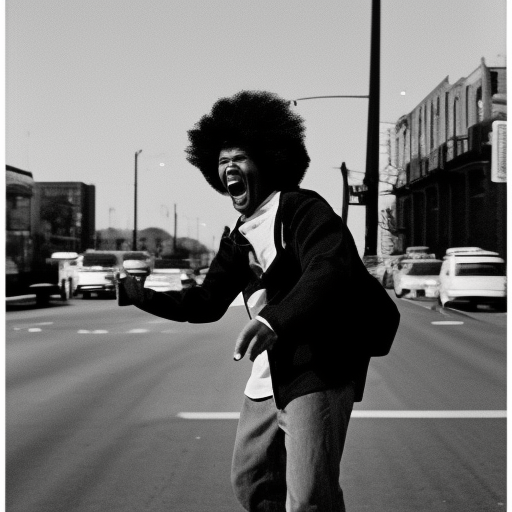 African American male with knotty Afro and white undershirt, drunk, stumbling around city streets laughing hysterically, 16mm black and white film