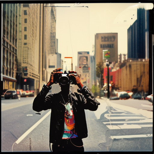 Travis Scott on city street shooting with 35mm camera, vintage color polaroid by Andy Warhol 
