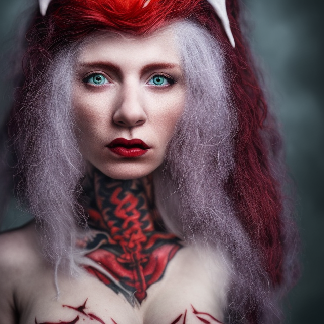 A detailed portrait of wizard elf with red hairs and tattoos by Peter Kemp and Monia Merlo