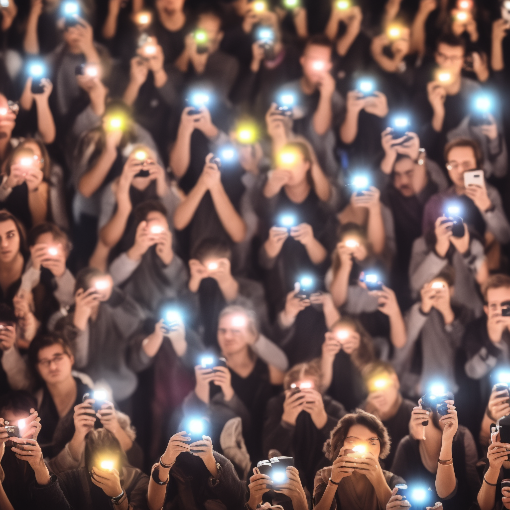 People in the crowd with super light  phone flashlights and cameras  8k ultra hd portrait 