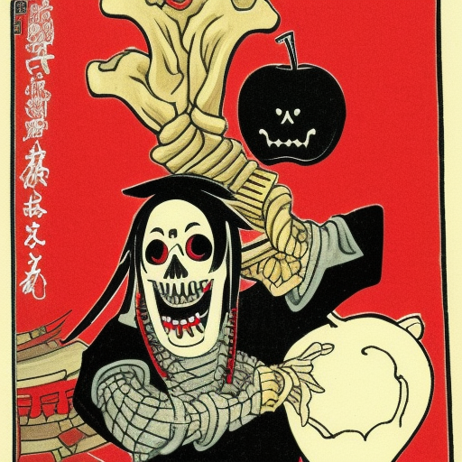 shinigami with gold skull head, with red apple in hand, extending arm with apple to camera, shinigami wearing ancient japanese royal attire