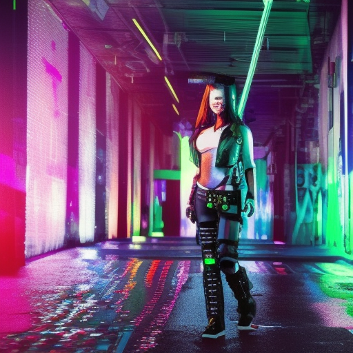 Female Tech Warrior Cyberpunk Dark-Alley Rain Puddles Neon background Walking Strut Sassy
