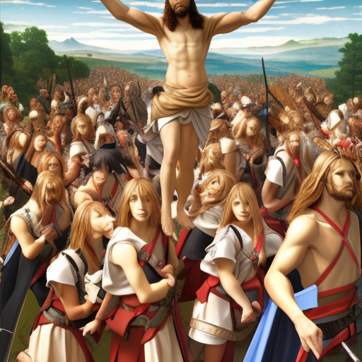 jesus christ our lord leading an army of anime girls into battle, photorealistic, anime, mini skirt, long hair, renaissance painting, hyper real, detailed, wide angle shot, ultra detailed