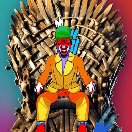badass cangry clown on the throne from game of thrones with colorful clothes from further perspective