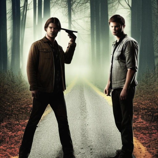 Supernatural book cover showing Sam Winchester and Dean Winchester standing on a road through a dark and scary wood; Dean is facing the front standing with a handgun in his relaxed hand by his side, Sam is holding a ball of sparks in his hand with a car behind them