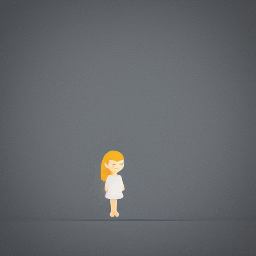 Half turn full length cute tiny girl with big head rendered in a minimalist flat design