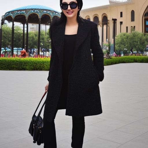 (beautiful arabic woman), (sunglasses:-2.0), (beautiful city), (sky background), (plaza), (midday), (open black coat:2.0), (knee-length coat:2.0), (black shirt:2.0), (thick wavy lustrous shoulder-length black hair:4.0), (high volume of hair:2.0), (big beautiful eyes), (high-bridged nose), (aquiline nose), (thin nose), (full lips), (black cloth pants:2.0), (knee-high boots:2.5), (full height:2.0), (full body), (sun in her face), (sundrenched), (volumetric lighting), (dramatic lighting)