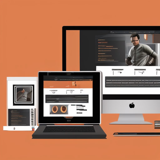 modern landing page main section, of a freelancer web developer. the person is a white male developer with brown hair and eyes, wearing a elegant dark color shirt, design styles: modern, futuristic, glass effects. color scheme: orange, dark blue and dark grey. photorealistic.