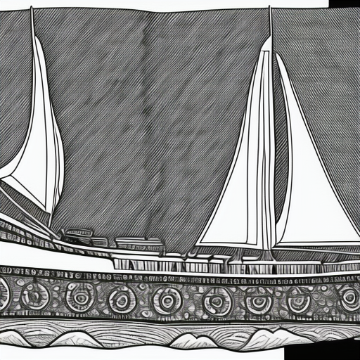 Fantasy ship about Cult of Ix,  black and white, very detailed,  image for Coloring Book for adults, Full of  Black Line and Grayscale Images, 8k, white background