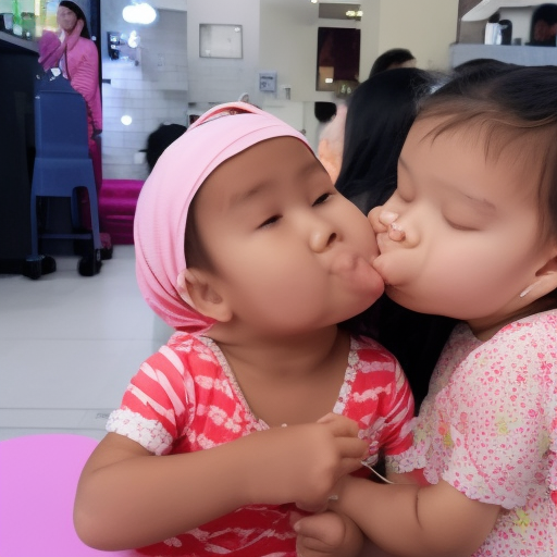 two Little melayu girl kissing at Cafe 