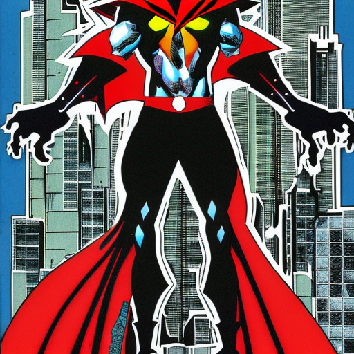 spawn by artist tod McFarlane,city in the backround comic book style, ultra detailed, no cut off, high-quality, randomized background, using his magic 