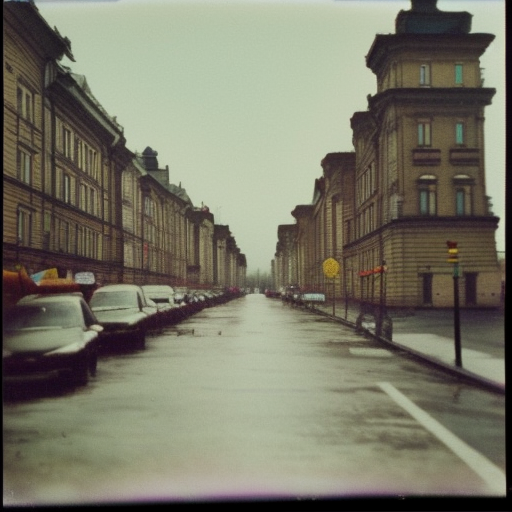 low angle wide shot of Petrozavodsk street in the early morning, after rain, polaroid photo, by Warhol,