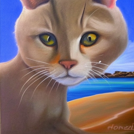 um Gato de costas olhando para o horizonte meditando na praia, Pintura a Oleo