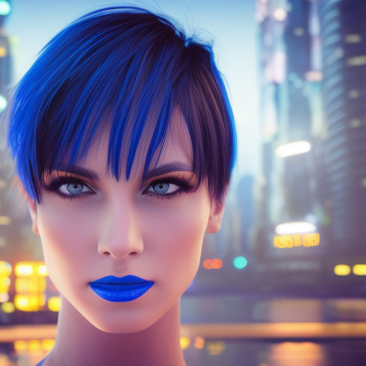 beautiful woman face with short black hair and blue eyes, neon, background with futuristic city, high quality, realistic, ureal engine, complementary colors, fantasy concept art, 8k resolution, hyperdetailed intricately detailed, colors Unreal Engine 5 detailed ultra-realistic portrait cinematic lighting 80mm lens, 8k, photography bokeh