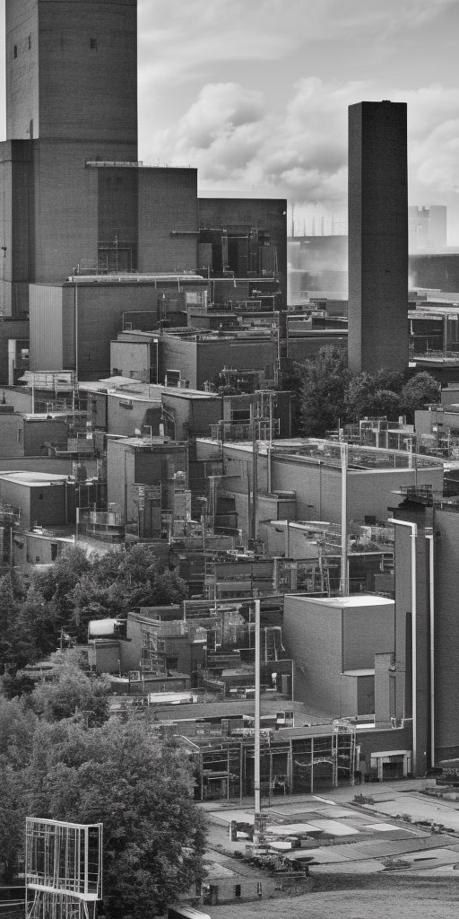 A black and white 3d rendering of a factory in Wuppertal, a very close-up shot. It's a clear and bright day. In the center of the picture, a brick chimney rises up, dominating the upper half of the image. In the background, behind the industrial building, there is a tree. Actually, everything except for the chimney is in a deep, dark shadow. The chimney, on the other hand, as the tallest object, rises phallically and reaches out to the sunlight as if it were a tree turning towards its source of nourishment. The other tree, which is not just like a tree, but a real tree, is only a dark outline. Would it be a bit too overblown if I were to say: Here, the human work of capitalism rises above natural creativity, showing its strength and pride, without realizing that its downfall is already embedded in this outstanding pride? Or is a chimney sometimes just a chimney?