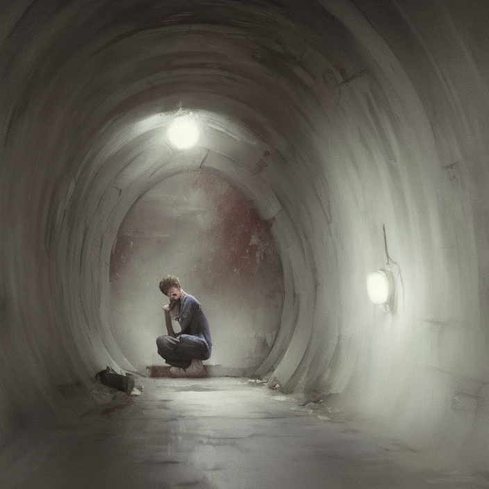 epic masterpiece of cinematographic hyperrealism where a worried teenager with depression appears in a tunnel. realistic shaded lighting poster by craig mallismo, artgerm, jeremy lipkin and michael garmash, unreal engine, radiant light, detailed and intricate environment, digital art, art station trends