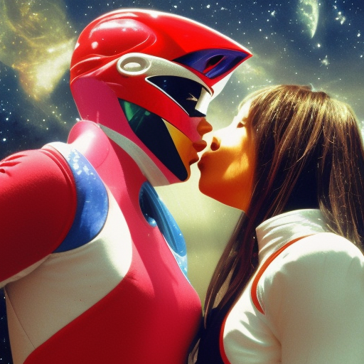 two power rangers girl kissing in space 