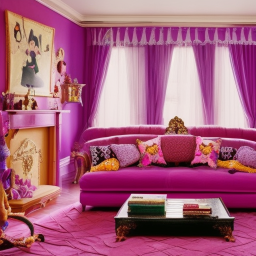 a purple couch with lots of pillows on top of it, sleeping beauty fairytale, dreamy aesthetic, dream aesthetic, ru paul\'s drag race, aesthetic!!!!!! female genie, sandman kingdom, in a candy land style house, brightly lit pink room, messy maximalist interior, stunning cinematography, iconic cinematography, furnished with fairy furniture, wes anderson film screenshot, lounging on expensive sofa