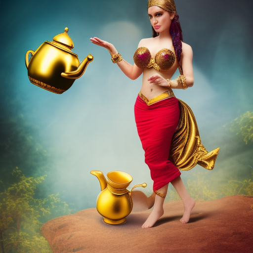 Realistic, high-quality, detailed, 8k, photorealistic, ultrarealistc, massive breasted, Female genie holding a itty-bitty golden magic teapot, stuning fantasy photograph, render of a female genie, beautiful photo of a fairytale, blue djinn, fantasy photography, beautiful genie girl, jinn