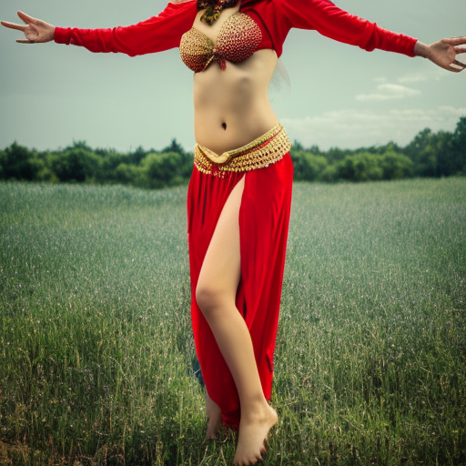 a female genie in a red dress posing in a field, a colorized photo, inspired by Shog Janit, tumblr, renaissance, she is dressed as a belly dancer, Xev Bellringer, star wars film look, wearing red harem bikini and yellow harem bottom outfit with gold jewelry around her waist