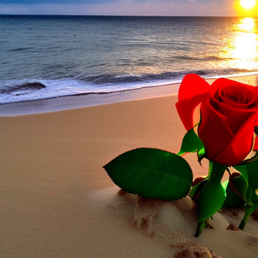 Red rose in a glasware on a beach, in the background blue See with great waves an a mystical Sunset with rays